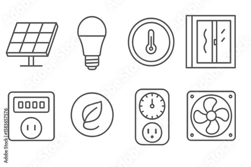 Energy-Saving Icon Set. Line style icons of energy-saving items: solar panel, LED bulb, smart thermostat, insulated window. energy