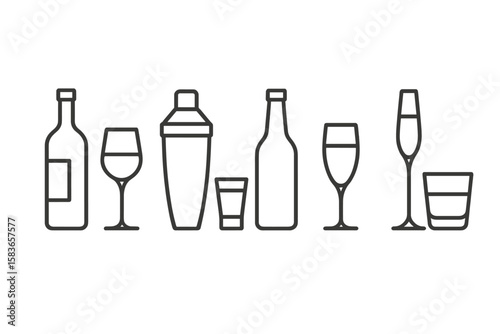 Alcohol Icon Set. Line style icons of alcoholic beverages: wine bottle, wine glass, cocktail shaker, beer bottle. shot glass,
