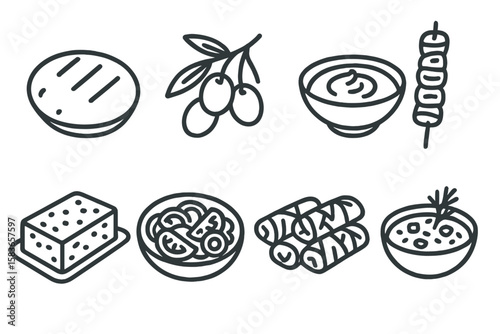 Mediterranean Food Icons. Line style icons of Mediterranean food: pita bread, olives, hummus, grilled meat. feta cheese, tomato