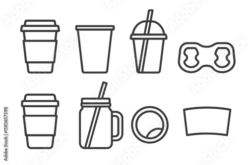 To-Go Beverage Icons. Line style icons of beverages to-go: coffee to-go, paper cup, straw lid, drink holder. eco cup, smoothie jar