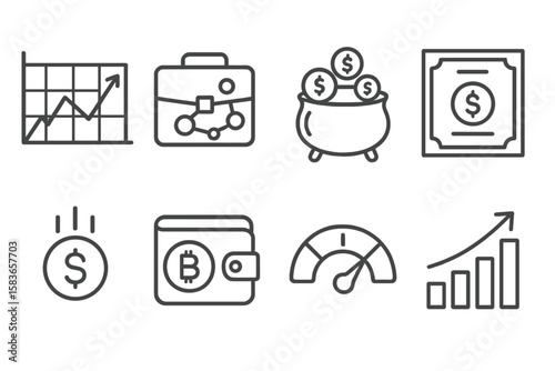 Investment Tools Icons. Line style icons of investment tools: stock graph, investment portfolio, mutual fund, bond icon. dividends