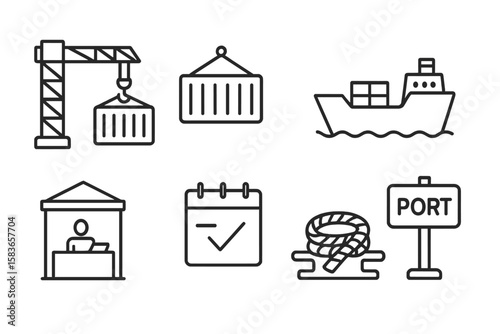 Port Logistics Icons. Line style icons of port logistics: port crane, cargo container, dock icon, vessel icon. customs office,