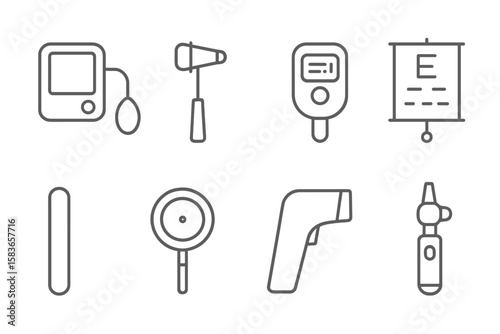Diagnostic Tool Icons. Line style icons of diagnostic tools: blood pressure meter, reflex hammer, pulse oximeter, eye chart.