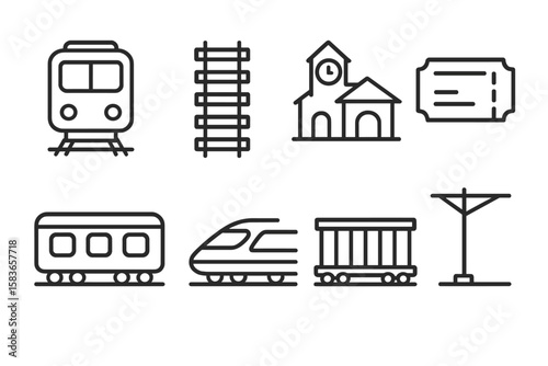Railway Line Icons. Line style icons of railway transport: train, railroad track, railway station, ticket icon. sleeper coach,