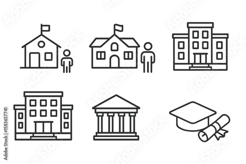 School Icons Collection. Line style icons of school levels: preschool icon, elementary school, middle school, high school.