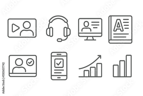 Online Education Icons. Line style icons of online education: video lecture, headset, computer screen, digital textbook.