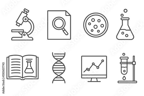 Medical Research Icons. Line style icons of medical research: microscope, research file, petri dish, chemical flask. lab notebook,