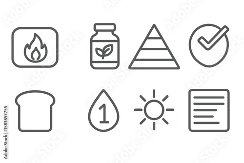 Line Style Nutrition Icons. Line style icons of nutrition: calorie icon, vitamin bottle, food pyramid, protein symbol. carb icon,