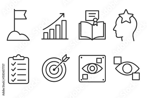 Educational Icon Set. Line style icons of educational goals: goal flag, progress chart, study milestone, motivation star.