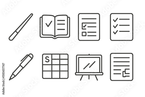 Teacher Tools Icons. Line style icons of teacher tools: pointer stick, grade book, lesson plan, attendance list. red pen, class