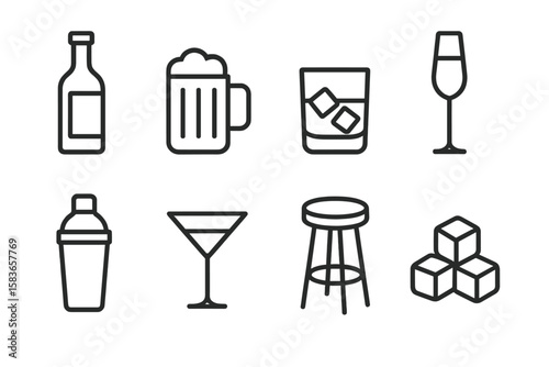 Line Style Bar Icons. Line style icons of drinks and bar: wine bottle, beer mug, whiskey glass, champagne flute. cocktail shaker,