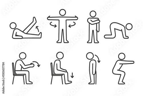 Rehabilitation Exercise Icons. Line style icons of rehabilitation exercises: leg raise, arm rotation, shoulder stretch, back arch.