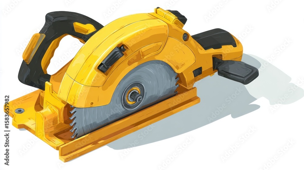 Fototapeta premium Bright yellow circular saw with a black handle and a silver blade casting a shadow