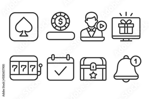 Casino App Line Icons. Line style icons of casino apps: app icon, chip balance, live play, digital bonus. slot spin, daily login,