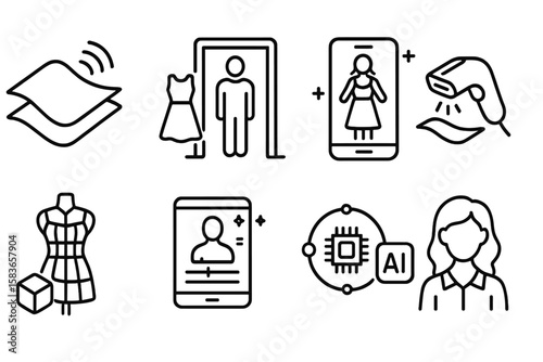 Fashion Tech Icons. Line style icons of fashion tech: smart fabric, virtual fitting room, style app, wearable chip. 3D fashion