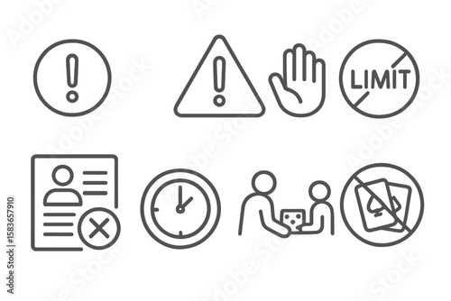 Gambling Awareness Icons. Line style icons of gambling addiction awareness: caution icon, warning triangle, help hand, limit