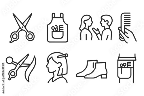 Line Style Stylist Icons. Line style icons of professional stylists: stylist scissors, stylist apron, client consultation, comb in