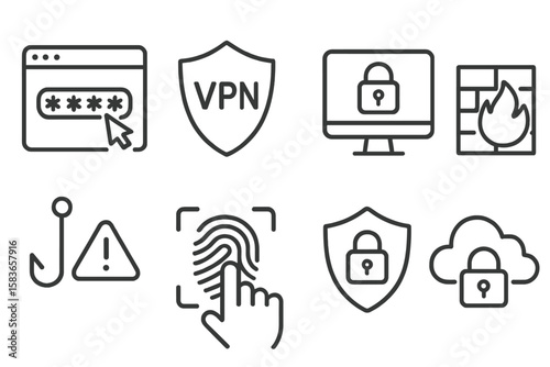 Cybersecurity Line Art Icons. Line style icons of cybersecurity at work: password entry, VPN shield, locked screen, firewall icon.
