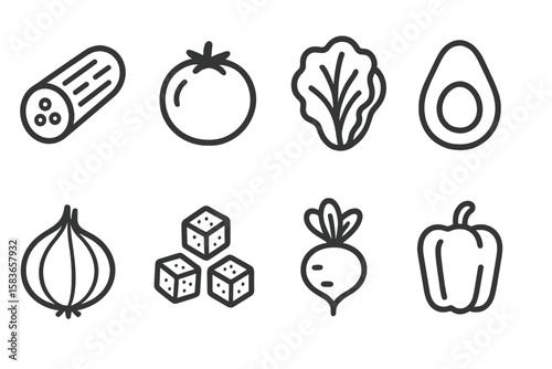 Salad Ingredients Icons. Line style icons of salad ingredients: cucumber, tomato, lettuce, avocado. red onion, croutons, radish,