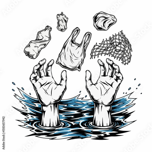  Distressing monochrome hands illustration with blue water splashes emerging from polluted water with floating plastic waste, depicting ocean pollution and environmental crisis.