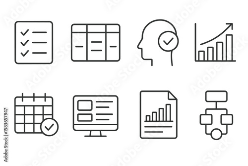 Productivity Tool Icons. Line style icons of productivity tools: to-do list, project planner, daily focus, goal chart. habit