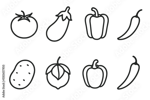 Nightshade Vegetables Icons. Line style icons of nightshade vegetables: tomato, eggplant, bell pepper, chili pepper. potato,