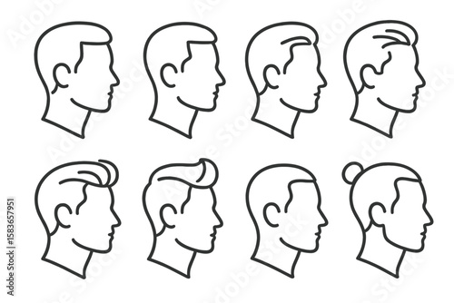 Men's Hairstyle Icons. Line style icons of men’s hairstyles: crew cut, fade, undercut, comb over. pompadour, quiff, buzz cut, man