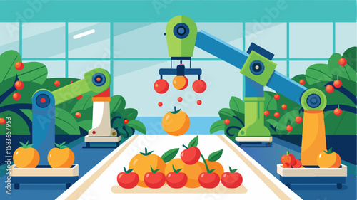 Automated robotic arms in a greenhouse picking and sorting fruits and vegetables based on their riss color and size thanks to AI algorithms.. Vector illustration