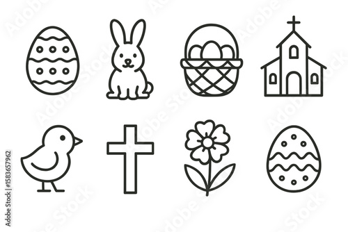 Easter Icons Collection. Line style icons of Easter holiday: Easter egg, bunny, basket with eggs, church. chick, Easter cross,
