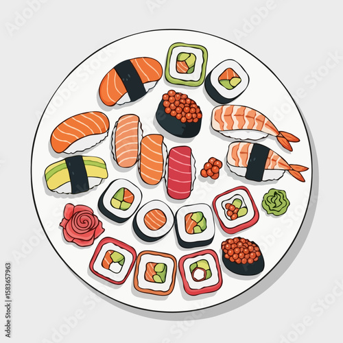 Appetizing colorful sushi variety illustration on a white plate representing Japanese cuisine and gourmet dining.