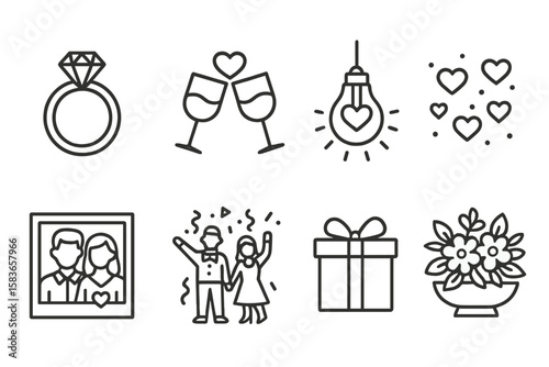 Engagement Party Icons. Line style icons of engagement party: engagement ring, love toast, romantic light, heart confetti. couple