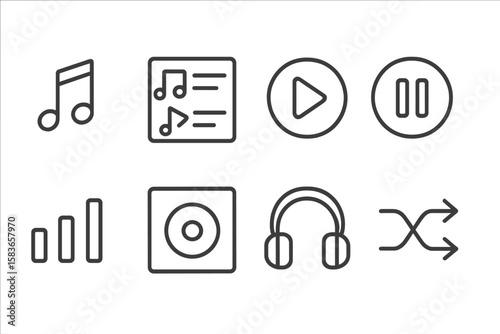 Music App Icons. Line style icons of music apps: music note, playlist icon, play button, pause button. equalizer, album cover,