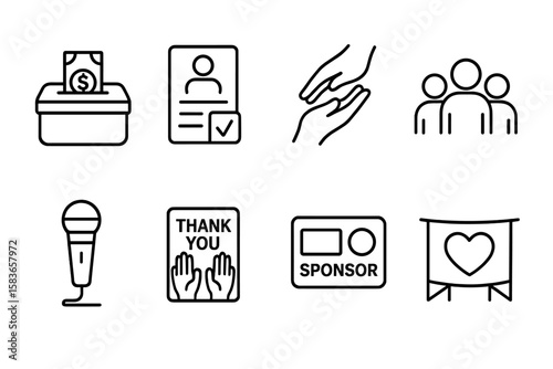 Charity Event Icons. Line style icons of charity event: donation box, fundraiser form, helping hands, community group. microphone