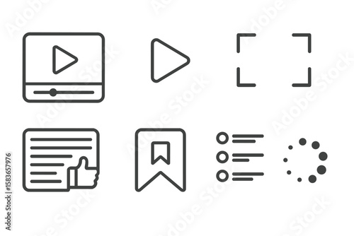 Video Streaming Icons. Line style icons of video streaming apps: video player, play icon, full screen, subtitle toggle.