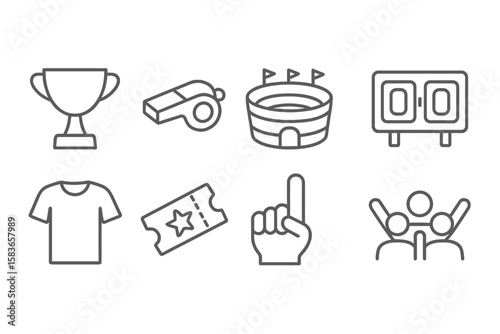 Sports Event Icons. Line style icons of sports event: trophy cup, sports whistle, stadium, score board. team jersey, ticket stub,