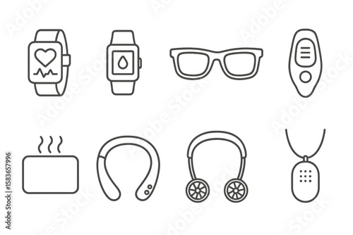 Wearable Tech Icons. Line style icons of wearable tech appliances: fitness watch, health tracker, smart glasses, posture sensor.