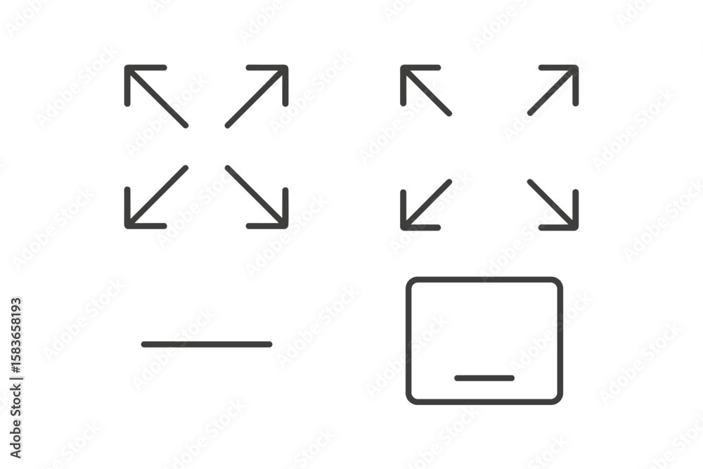 Fototapeta premium Line Style Icons. Line style icons of expand and minimize: arrows pointing out, expand box, collapse icon, full screen symbol.