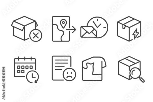 Delivery Error Icons. Line style icons of delivery errors: missing box, wrong address, delay icon, damaged goods. reschedule icon,