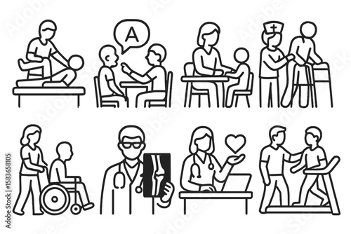Rehabilitation Team Icons. Line style icons of rehabilitation staff: physiotherapist, speech therapist, occupational therapist,
