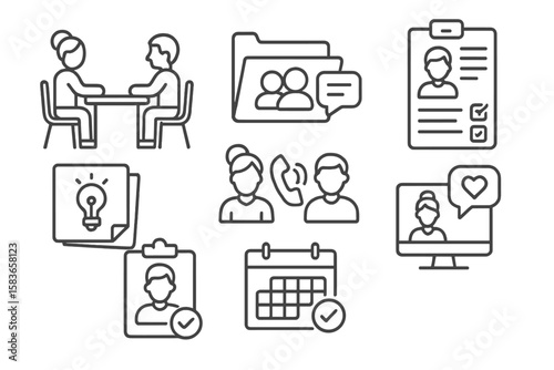 Parent-Teacher Collaboration Icons. Line style icons of parent and teacher cooperation: meeting table, communication folder, daily