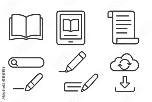 Digital Reading Icons. Line style icons of digital reading apps: app icon, tablet reading, scroll interface, annotation tool.