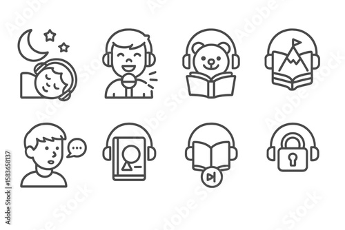 Children's Audiobook Icons. Line style icons of children’s audiobooks: bedtime icon, fun voice, animal story, adventure tale.