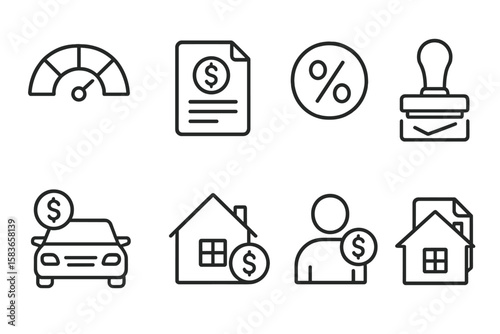 Credit and Loan Icons. Line style icons of credit and loans: credit score, loan document, interest rate, approval stamp. car loan,