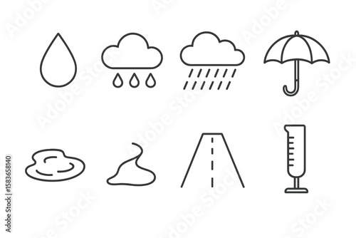 Rainy Weather Icons. Line style icons of rainy weather: raindrop icon, rain cloud, heavy rain, light drizzle. umbrella icon,
