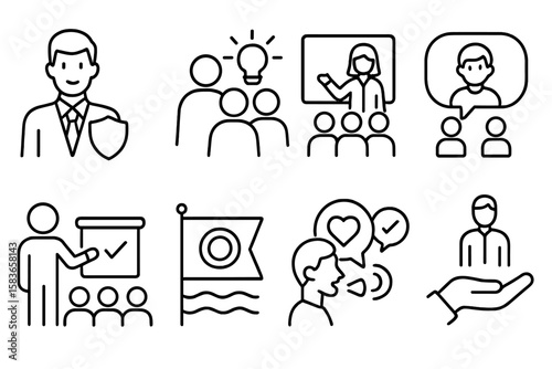 Inclusive Leadership Icons. Line style icons of inclusive leadership: school principal, inclusion committee, teacher workshop,