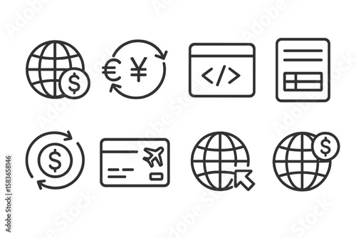 International Banking Icons. Line style icons of international banking: globe with dollar, foreign currency, SWIFT code, IBAN form