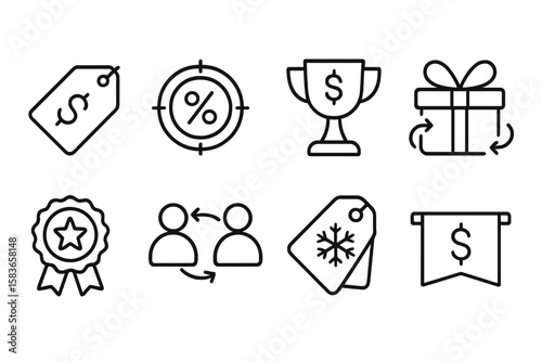 Bank Marketing Icons. Line style icons of bank marketing and offers: promotion tag, special rate, reward icon, cashback gift.