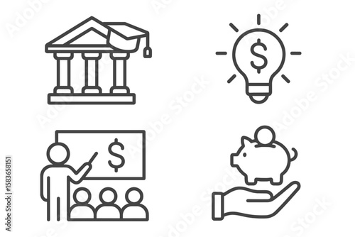 Financial Literacy Icons. Line style icons of financial literacy: bank education, money tip, smart spending, saving rule. workshop