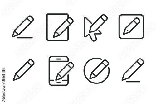 Edit Icons Variations. Line style icons of edit variations: pencil with line, note editing, cursor edit icon, pen inside square.