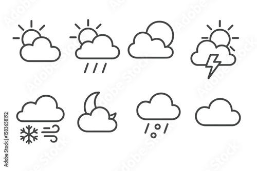 Weather Icons Collection. Line style icons of weather symbols: partly cloudy, mixed rain and sun, sun behind clouds, thunder with